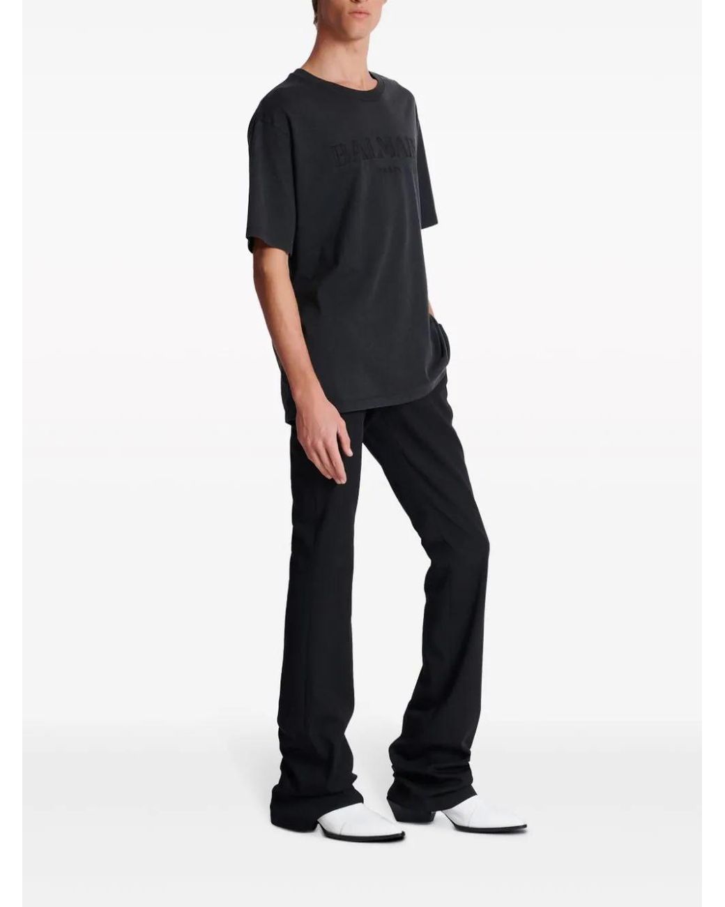Balmain Black Logo Embroidered Crewneck T-Shirt for men