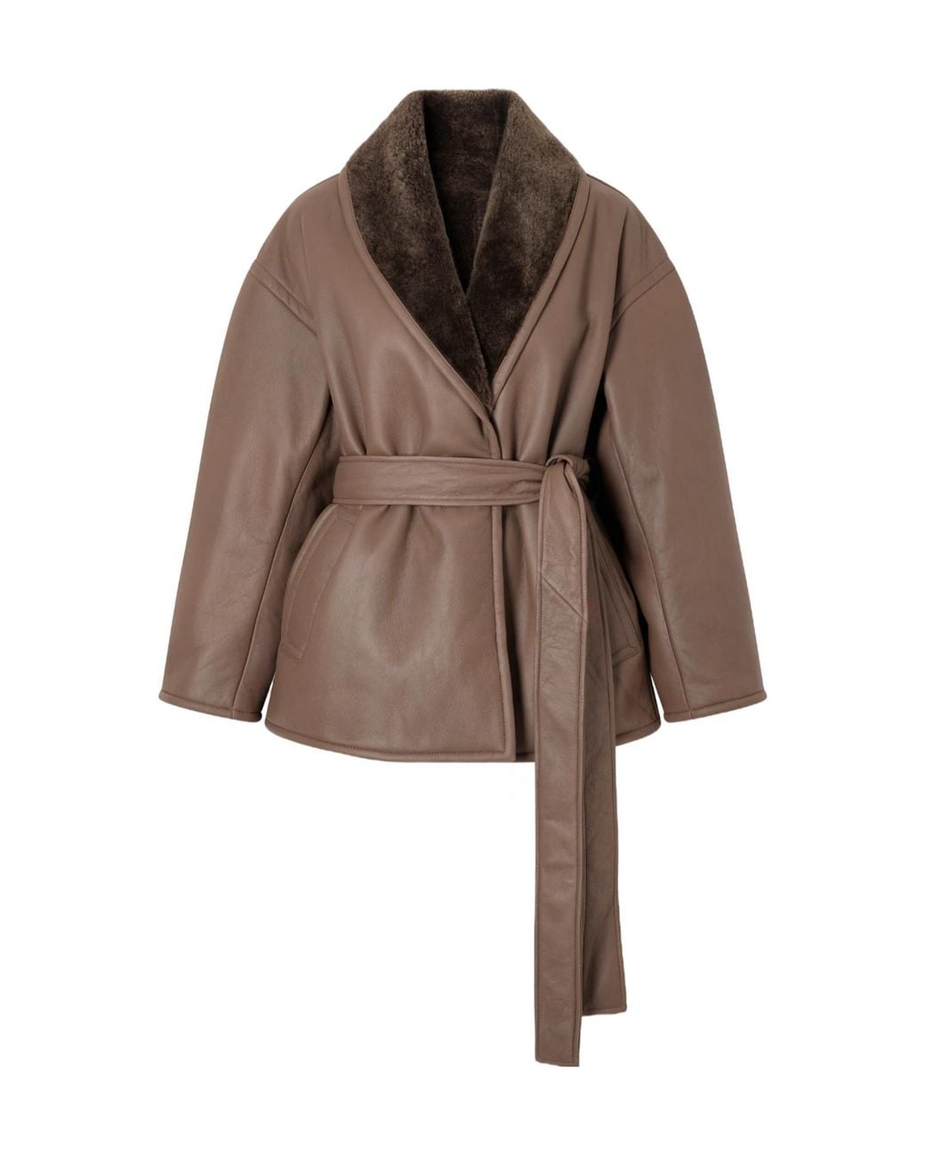Joseph Brown Belted Shearling-Trimmed Leather Jacket