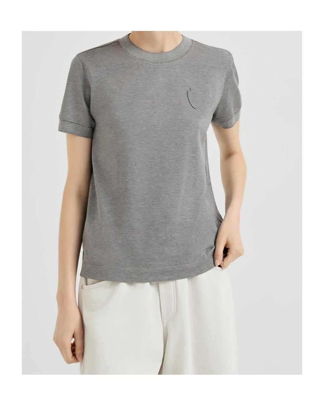 Brunello Cucinelli Gray Stretch Cotton Piqué T-Shirt With Sparkling Cotton Knit Inserts And Logo
