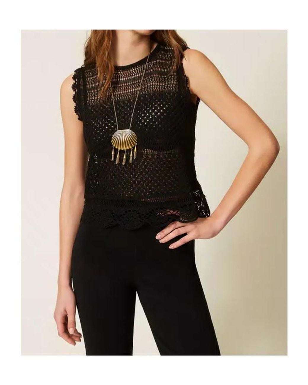 Twinset Black Crochet Rhinestone Knitted Top