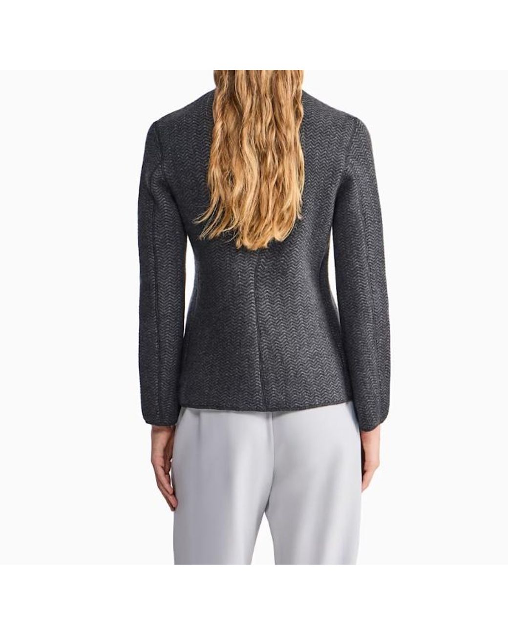 Giorgio Armani Gray Herringbone Cashmere Knit Jacket With Stand Collar