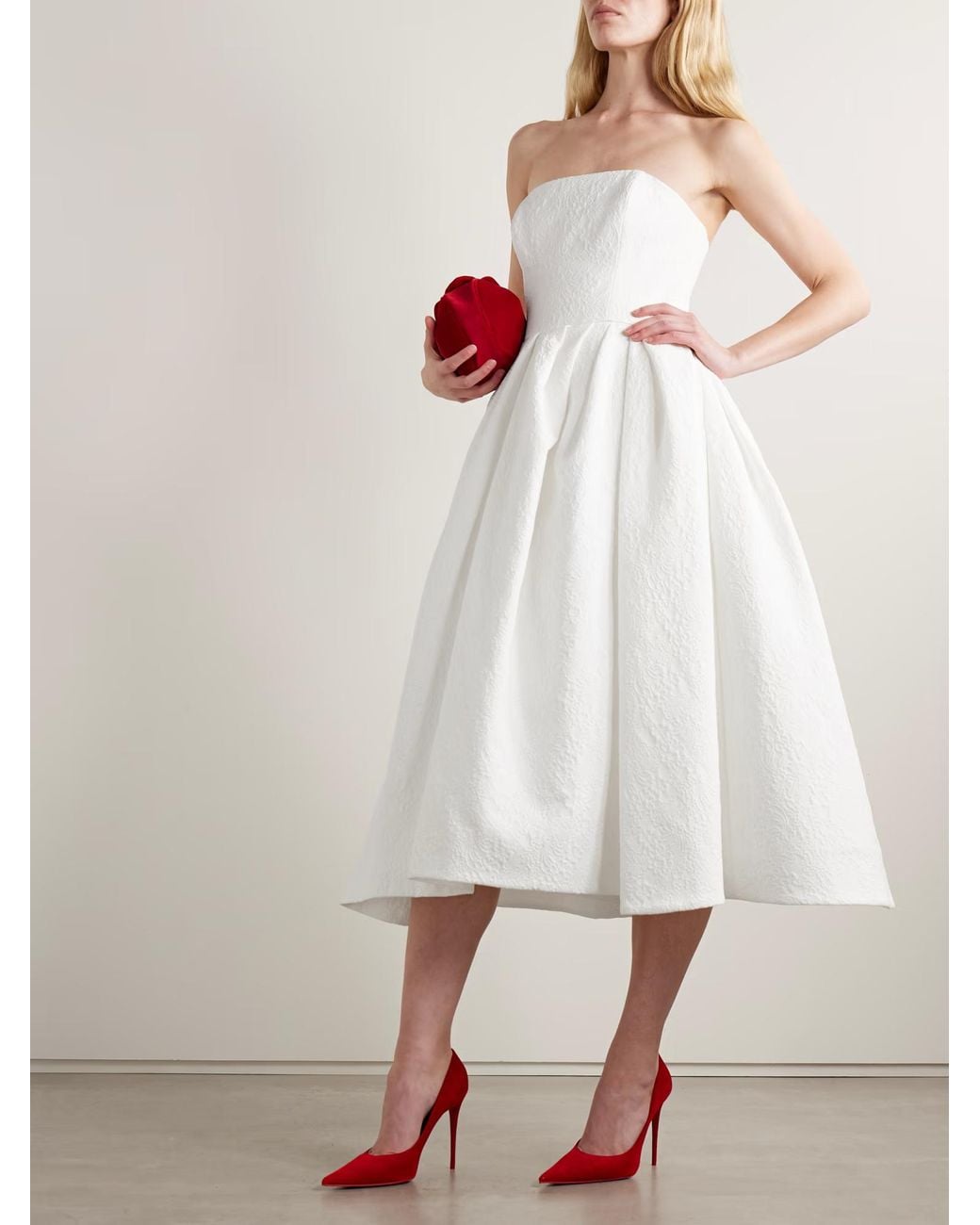Carolina Herrera White Pleated Floral Pattern Dress