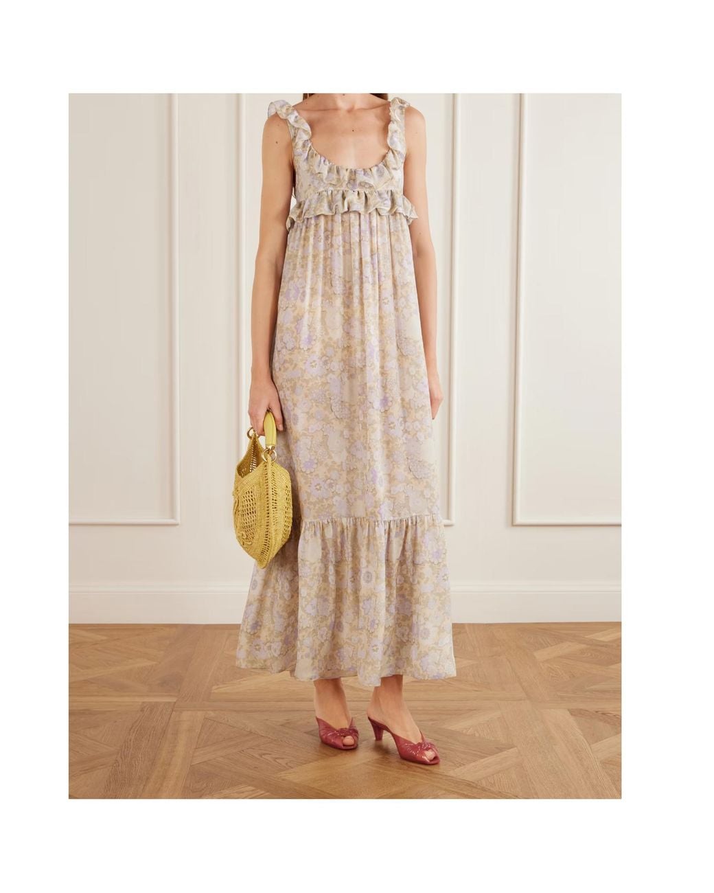 Chloé Natural Ruffled Floral-Print Silk-Charmeuse Wide-Leg Pants