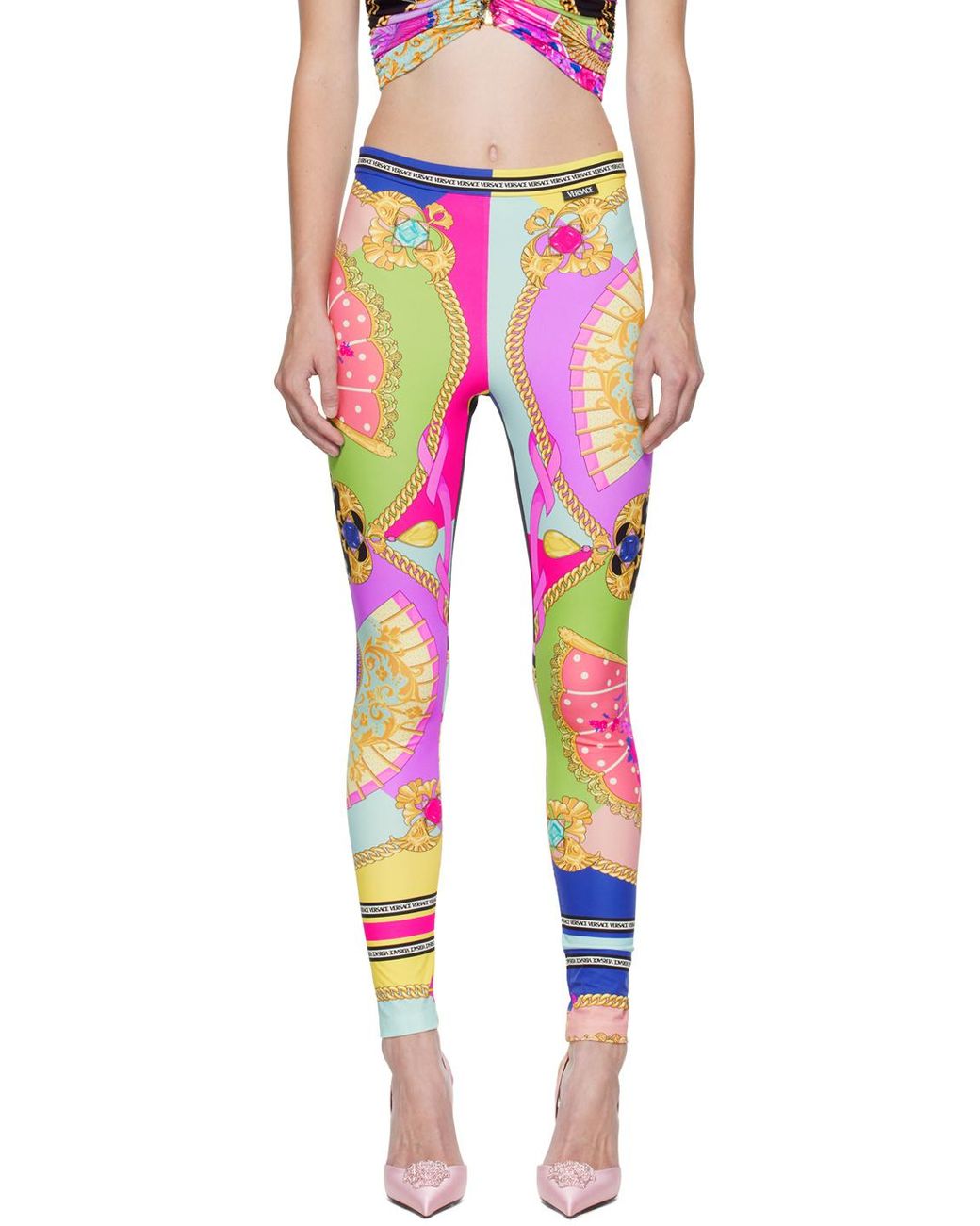 Versace Pink Allover Graphic Printed High Waist Leggings