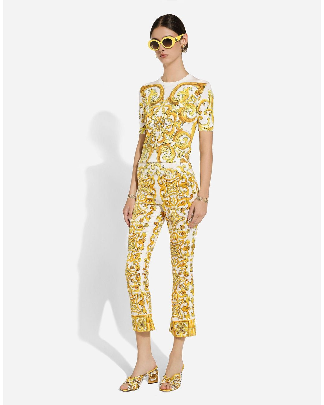 Dolce & Gabbana Metallic Majolica Trumpet-Leg Silk Pants