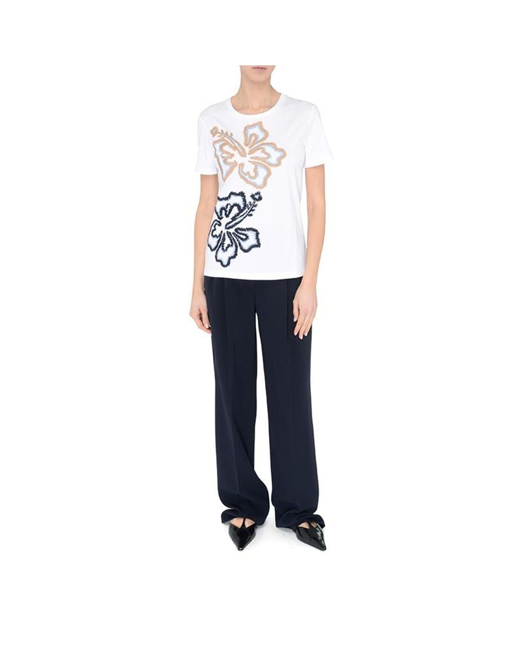 Max Mara White Ring Floral Embroidered Crewneck T-Shirt
