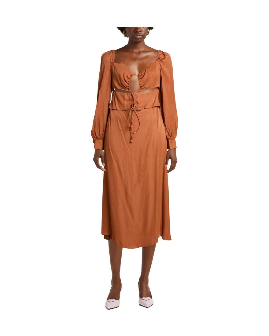 Farm Rio Brown Minimalist Satin Dress