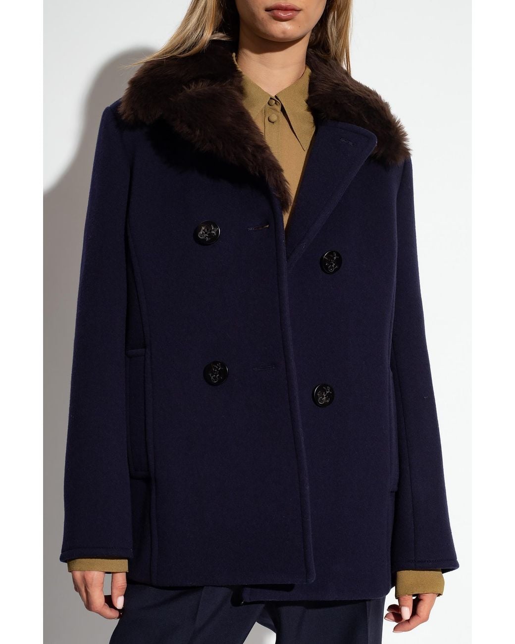 Tory Burch Blue Notched-Lapels Shearling Jacket