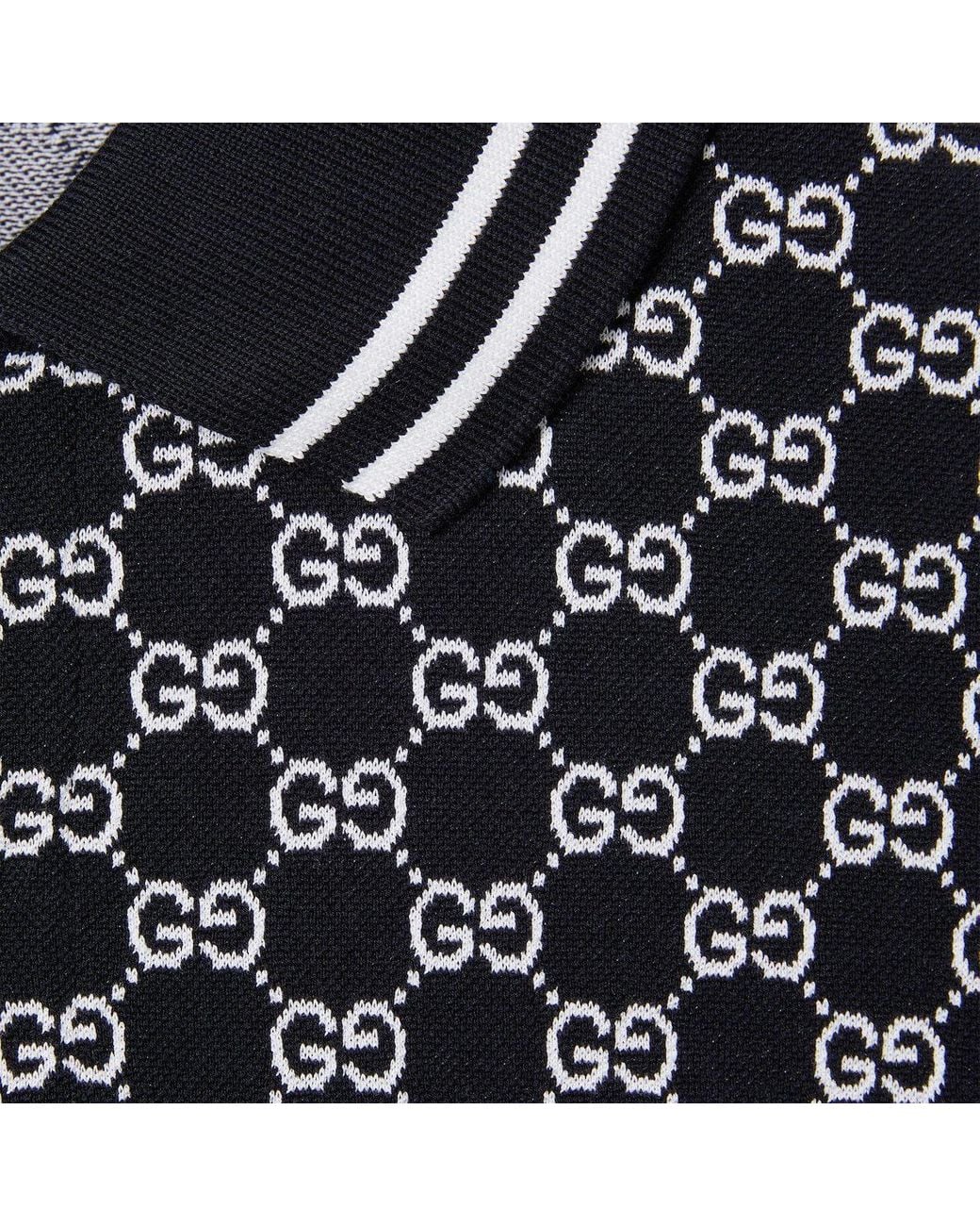 Gucci Black Gg Jacquard Cotton Piquet Polo Shirt for men
