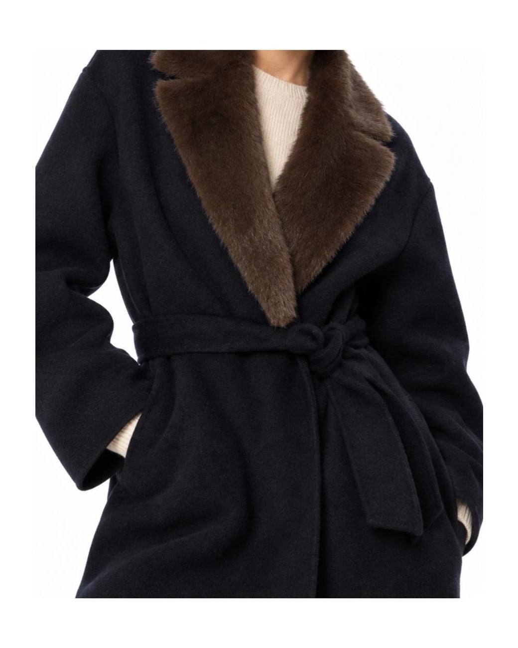 P.A.R.O.S.H. Blue Faux-Fur Collar Belted Coat