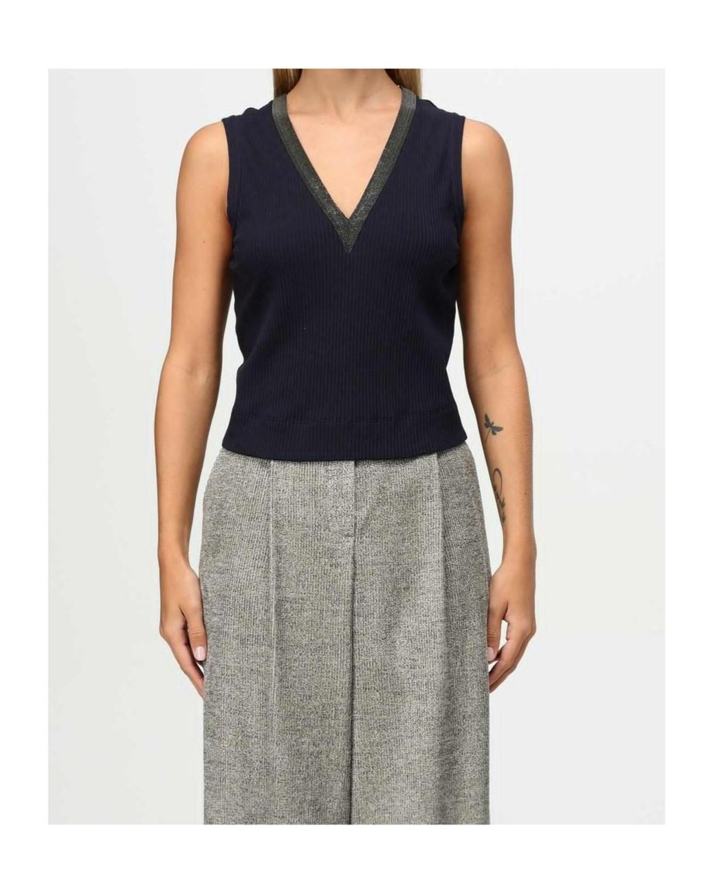 Brunello Cucinelli Blue V-Neck Sleeveless Ribbed Top