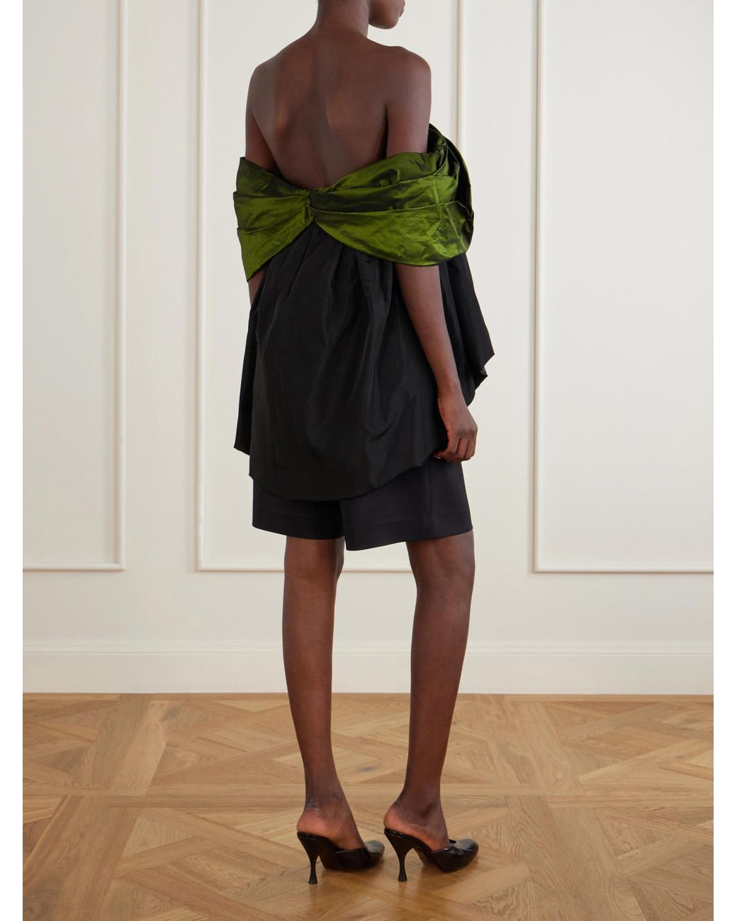 Simone Rocha Green Bow-Detailed Gathered Taffeta Blouse