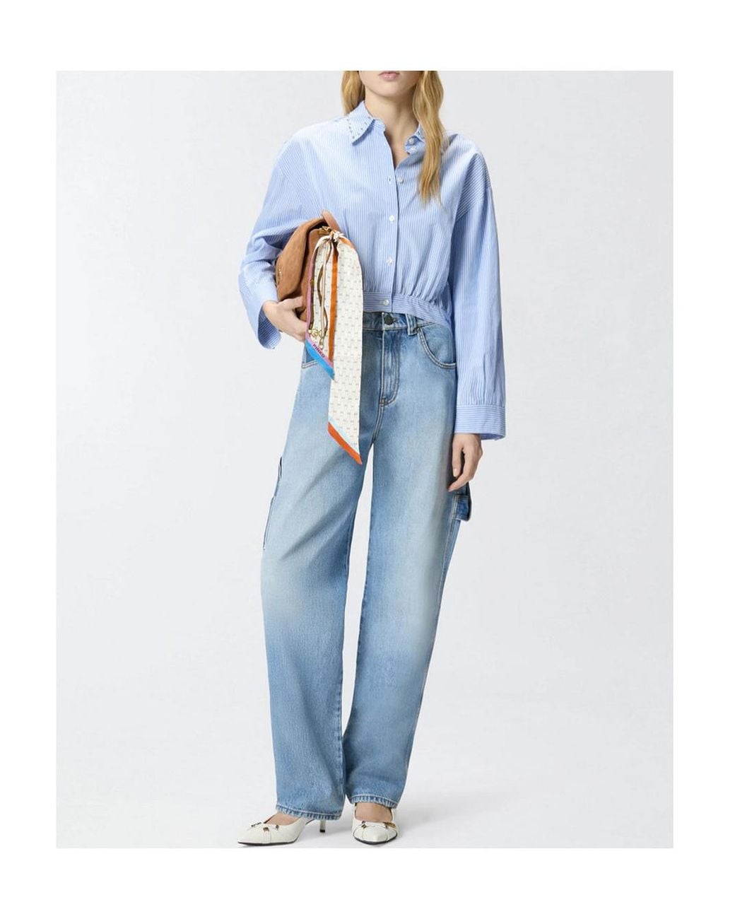 Pinko Blue Striped Rhinestone-Collar Cropped Top