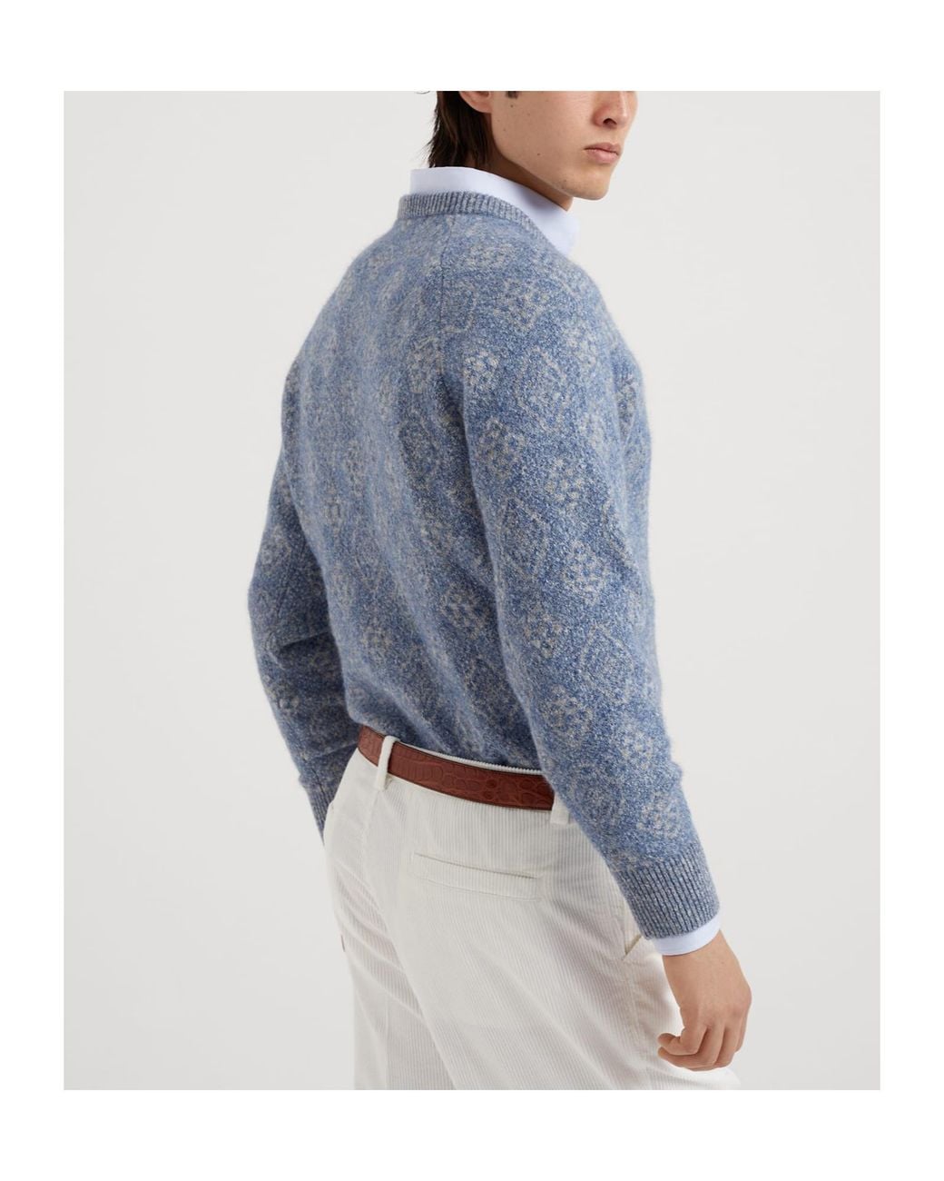 Brunello Cucinelli Blue Patterned Crewneck Jumper for men