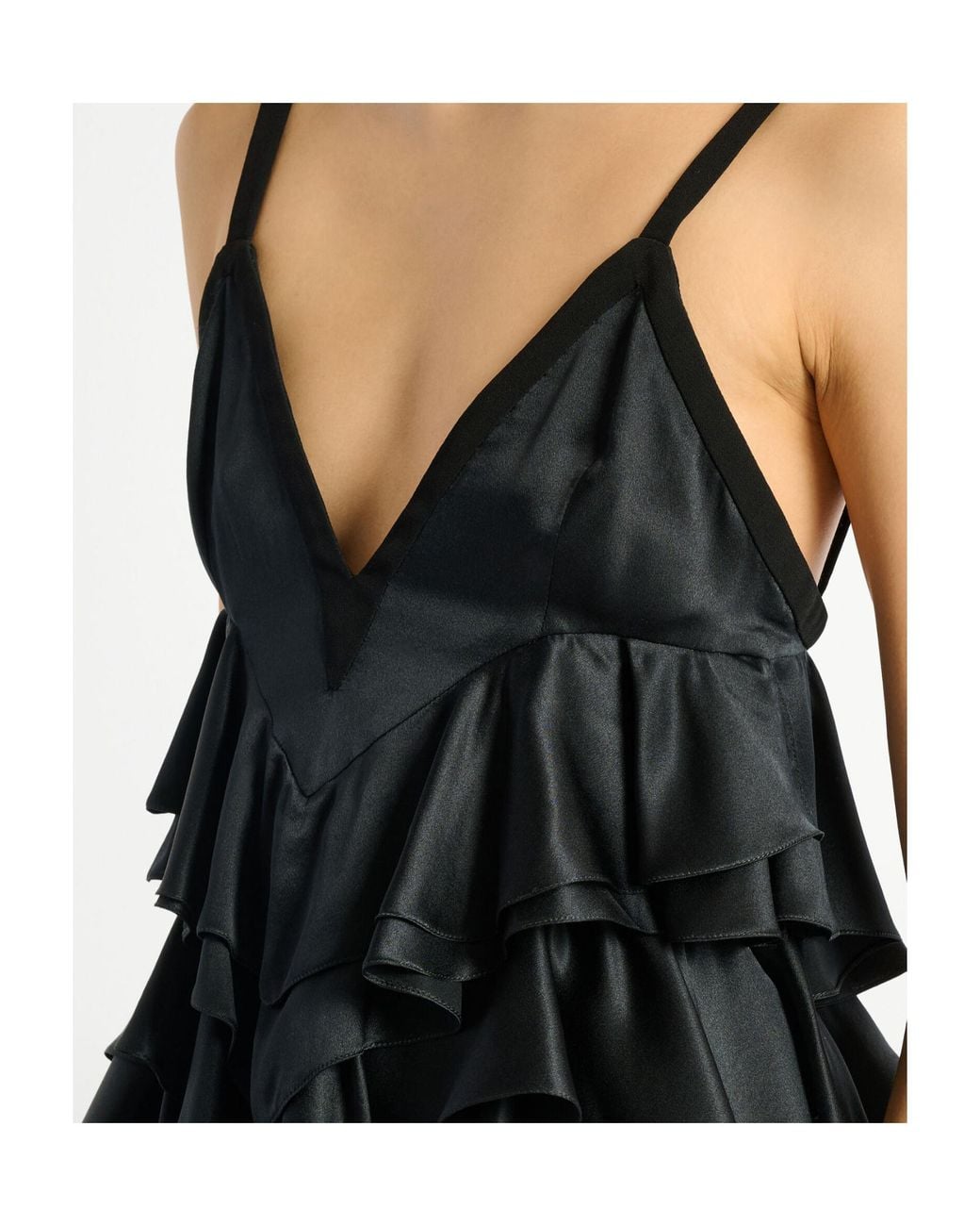 Balmain Black Silk Satin Ruffled Top