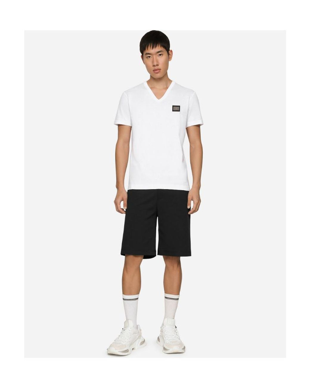 Dolce & Gabbana White Logo Patch V-Neck T-Shirt for men