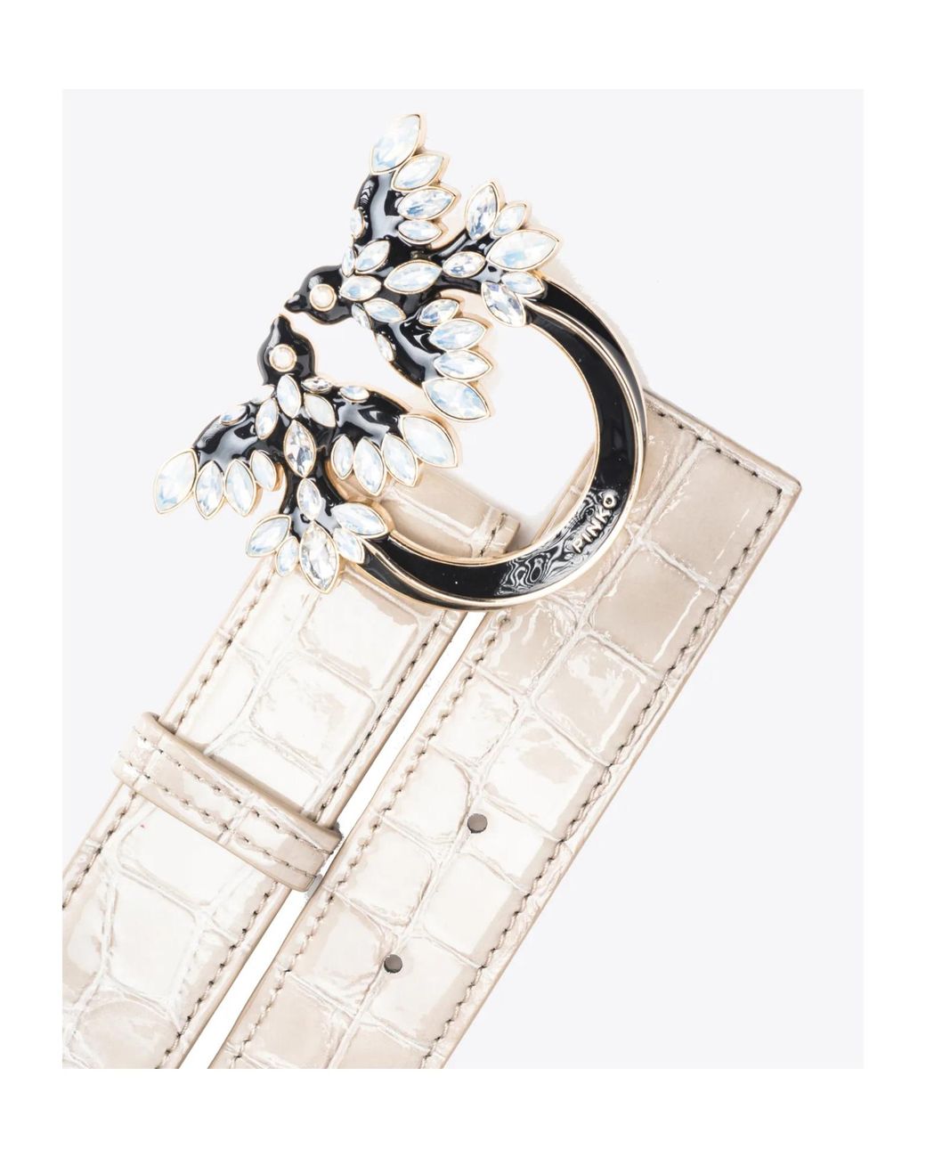 Pinko White Galleria 3Cm Shiny Croc-Print Belt With Love Birds Buckle