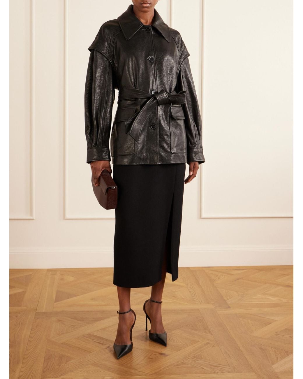 Nour Hammour Black Belted Leather Jacket