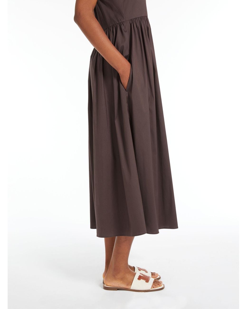 Max Mara Brown V-Neck Poplin Midi Dress