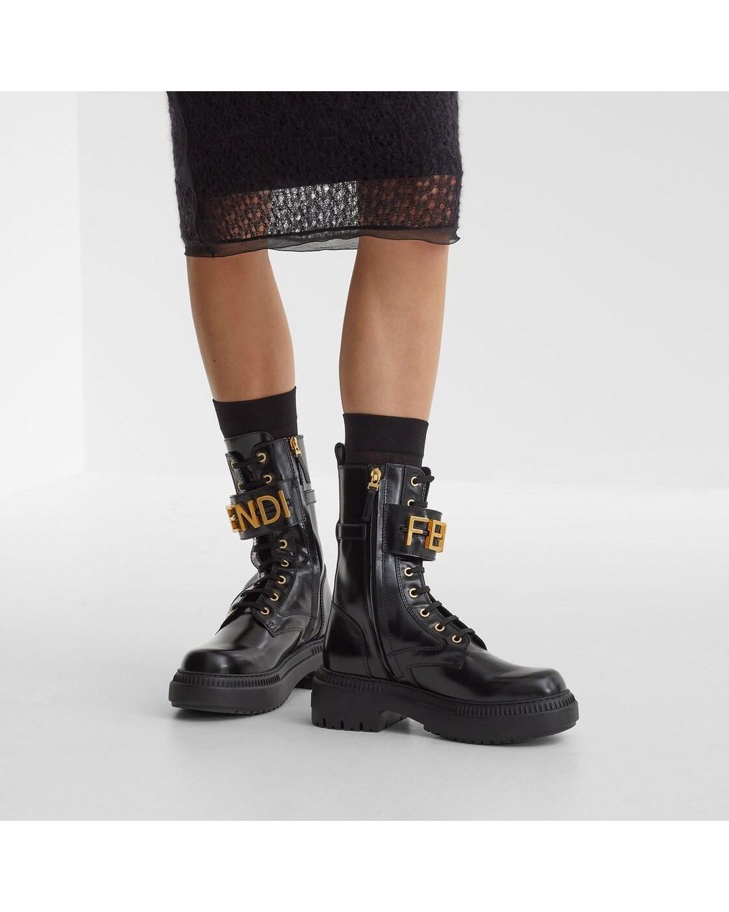 Fendi Black Logo Plaque Lace-Up Biker Boots