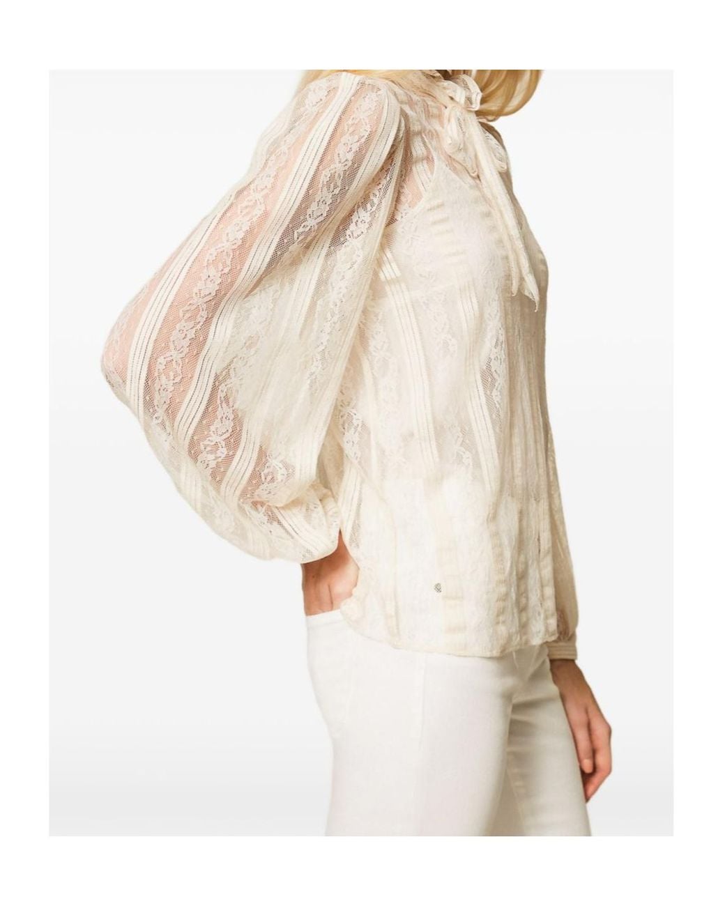 Twinset White Striped Lace Bow Blouse