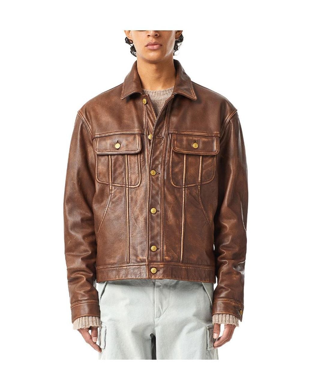 DIESEL Brown Distressed Leather Jacket for men