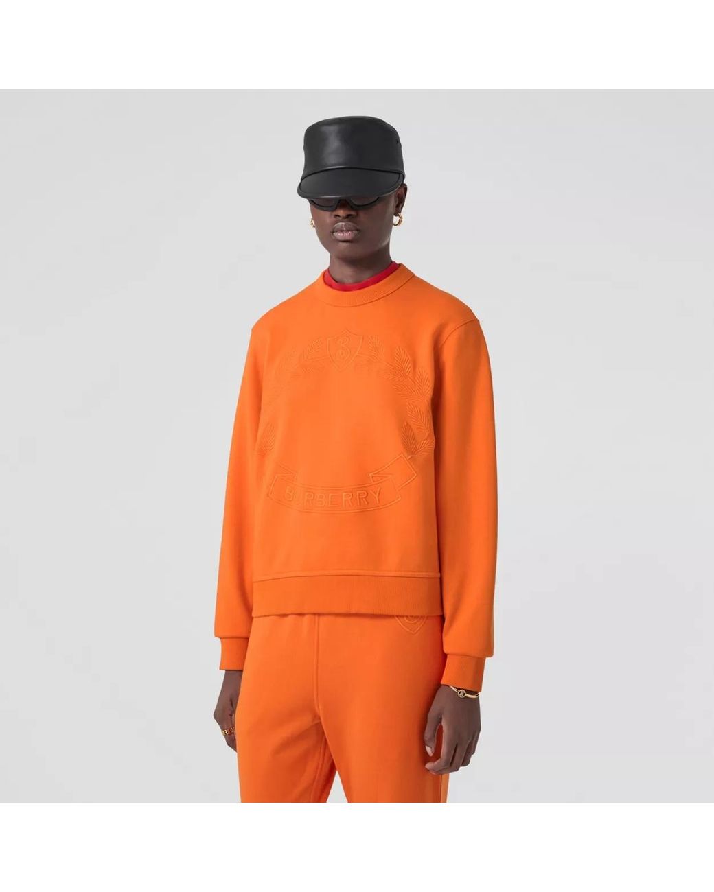 Burberry Orange Oak Leaf Crest-Embroidered Cotton Sweatshirt