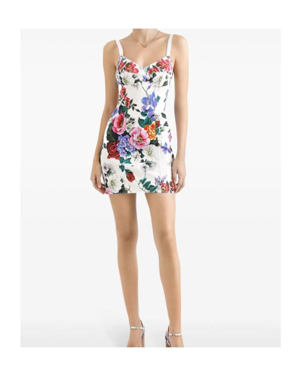 Dolce & Gabbana White Peony Printed Calf-Length Dress