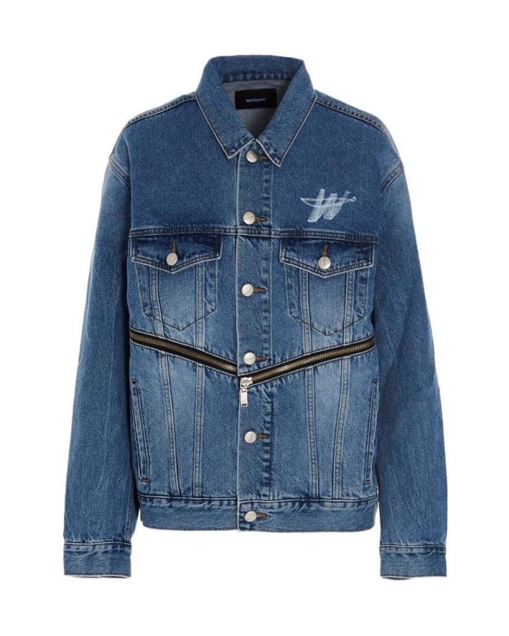 we11done Blue Logo-Print Zip-Detail Denim Jacket for men