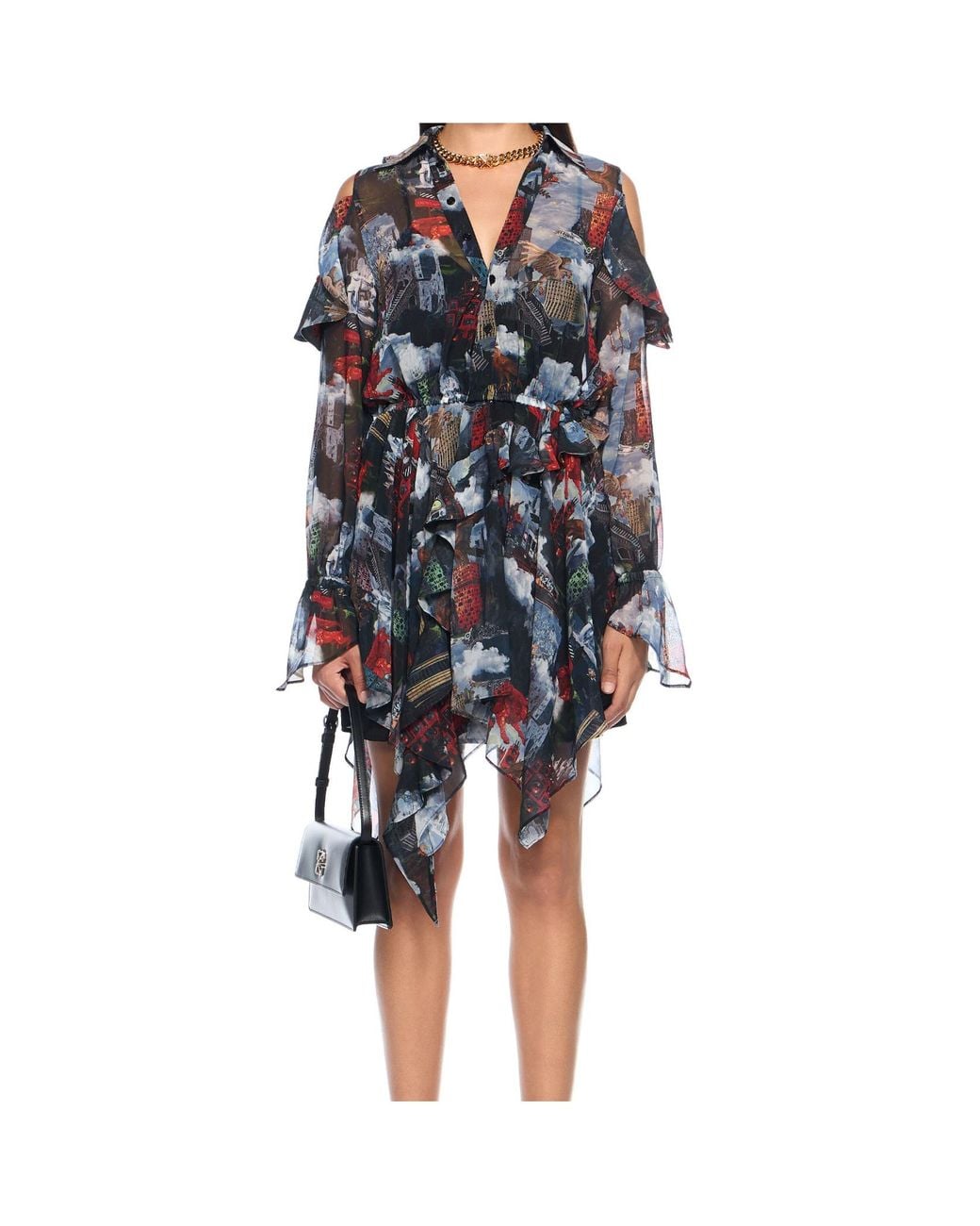 Off-White c/o Virgil Abloh Blue World Paint Geo Ruffled Asymmetric Mini Dress
