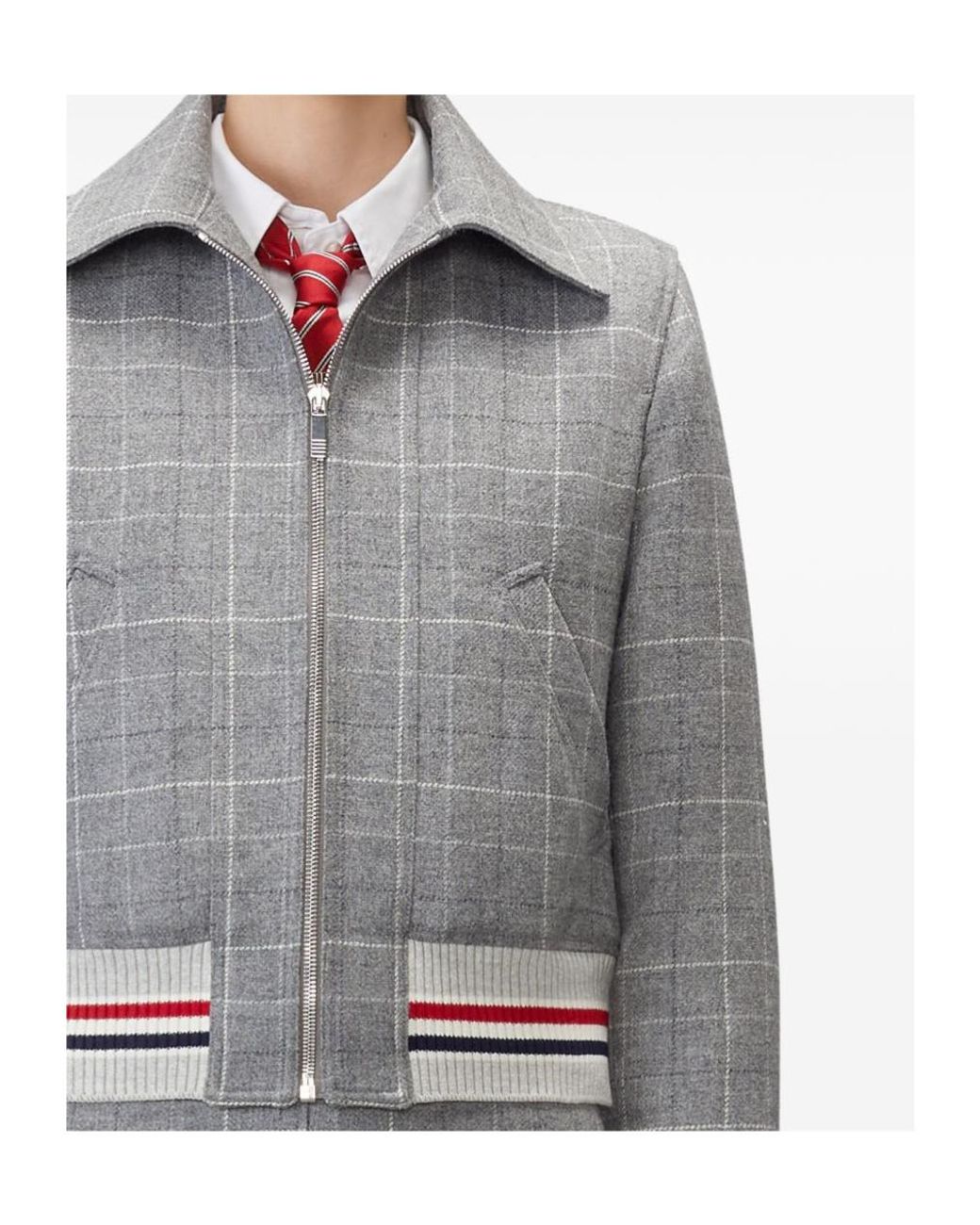 Thom Browne Gray Windowpane Houndstooth Zipped Tweed Jacket