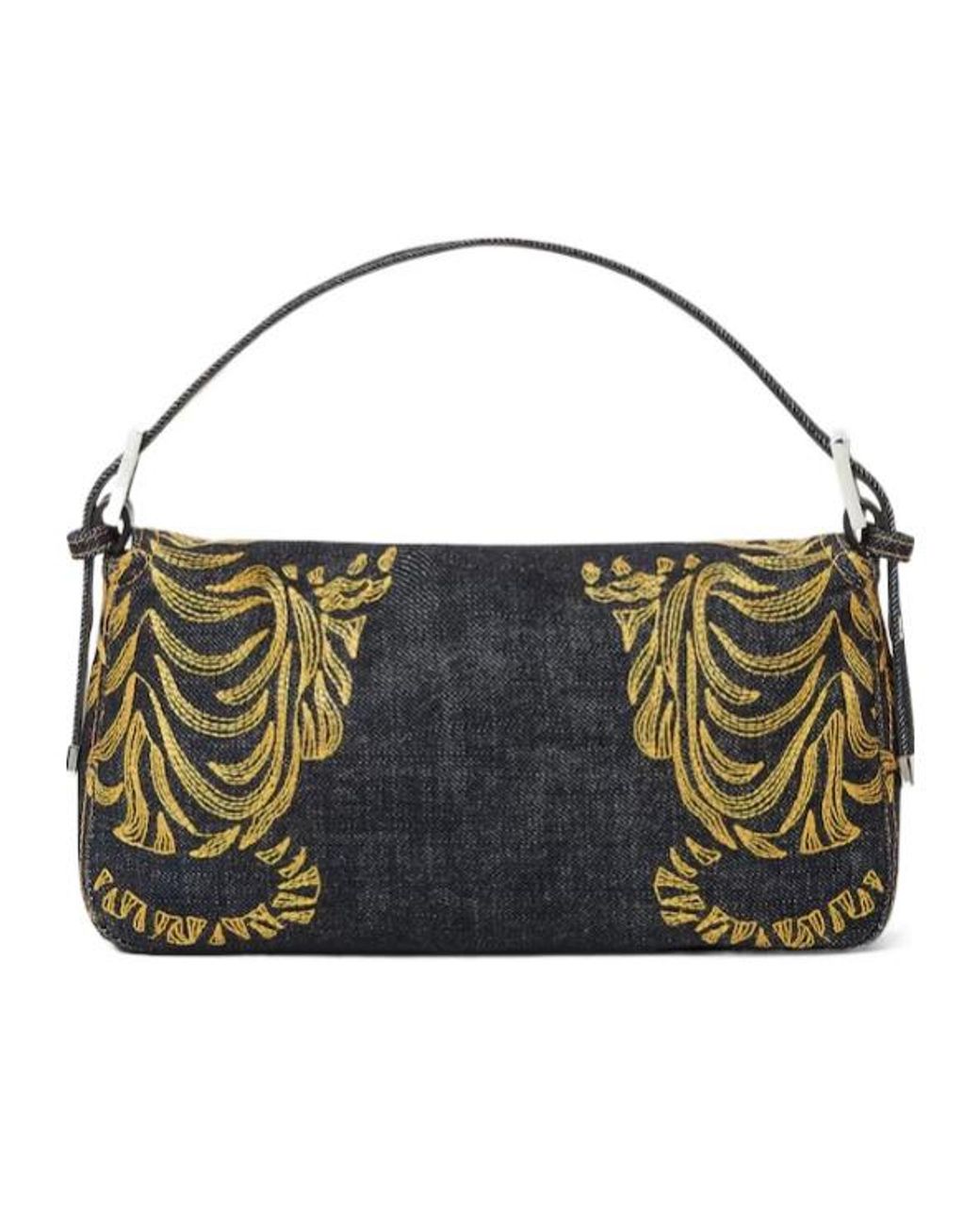 Fendi Black Baguette 26424 Dark Denim Bag With Embroidery