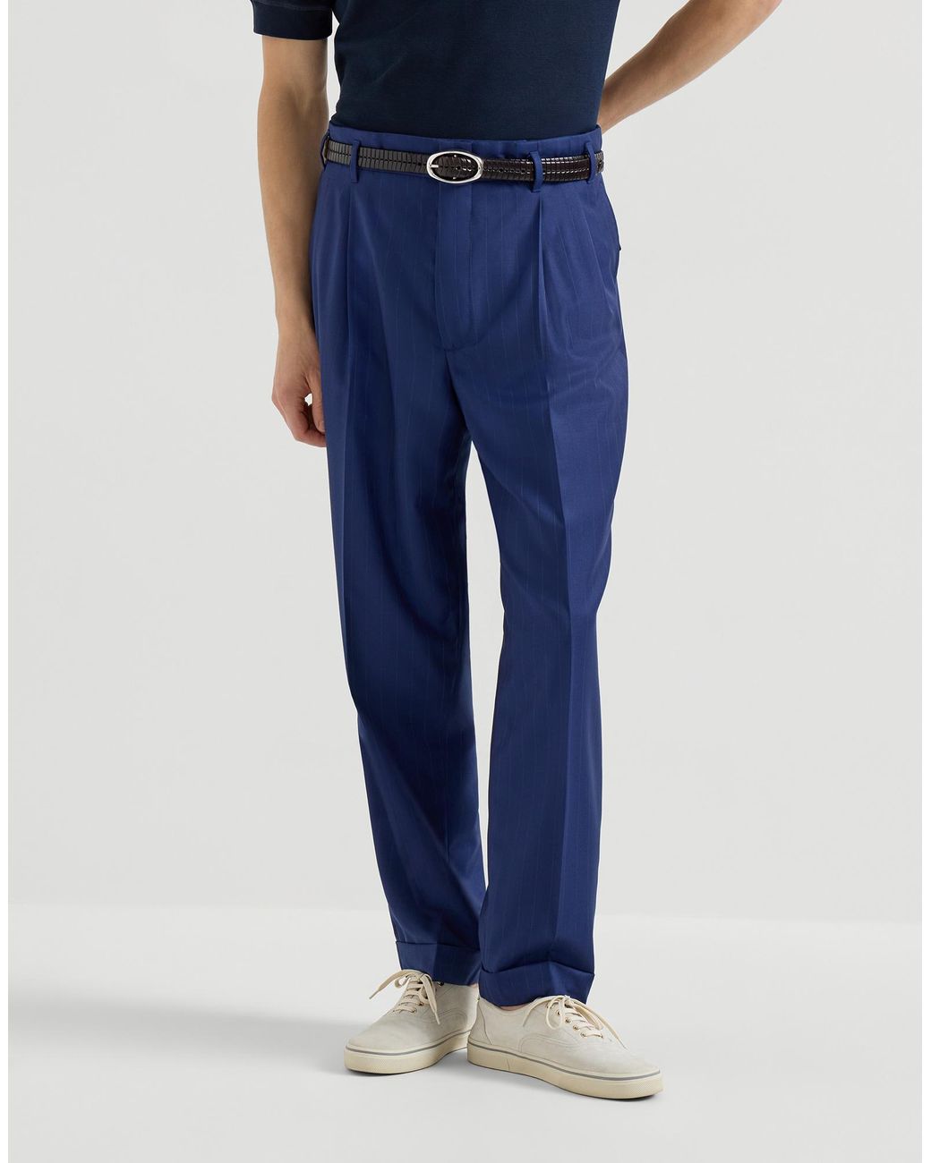 Brunello Cucinelli Blue Virgin Wool Chalk Stripe Batavia Trousers With Double Pleats for men