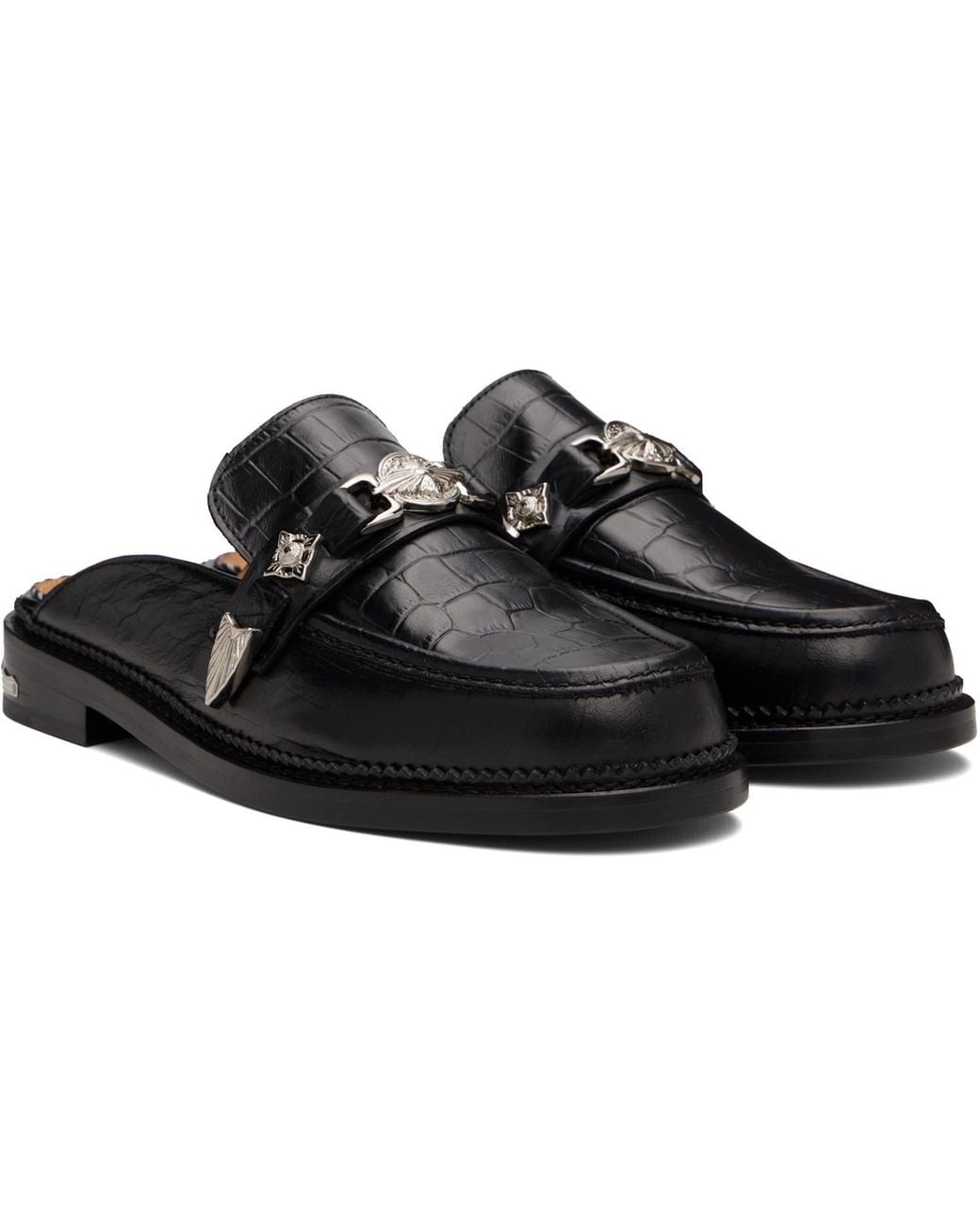 Toga Virilis Black Crocodile-Embossed Mules for men