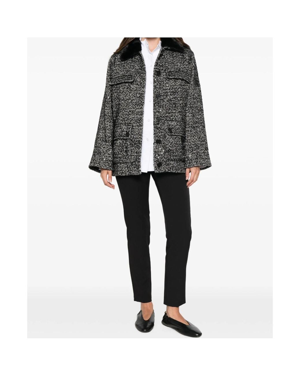 ERMANNO FIRENZE Black Sequin-Embellished Herringbone Jacket