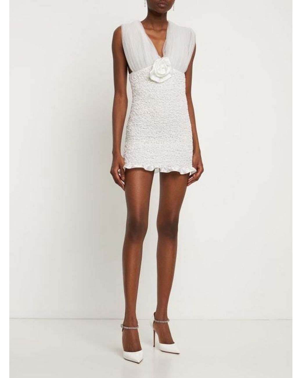Alessandra Rich White Ruched Silk Satin Mini Dress W/ Tulle