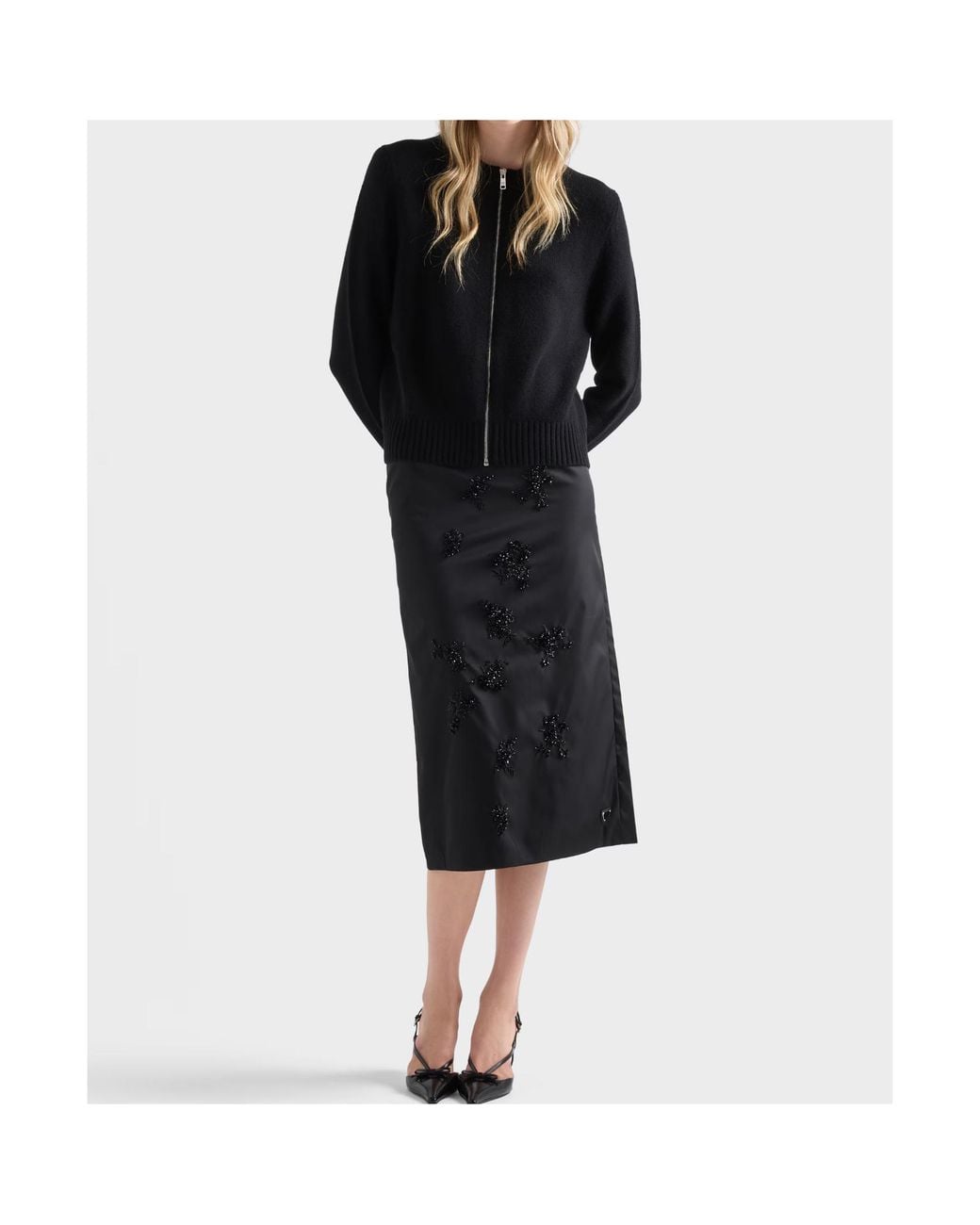 Prada Black Embroidered Re-Nylon Pencil Skirt