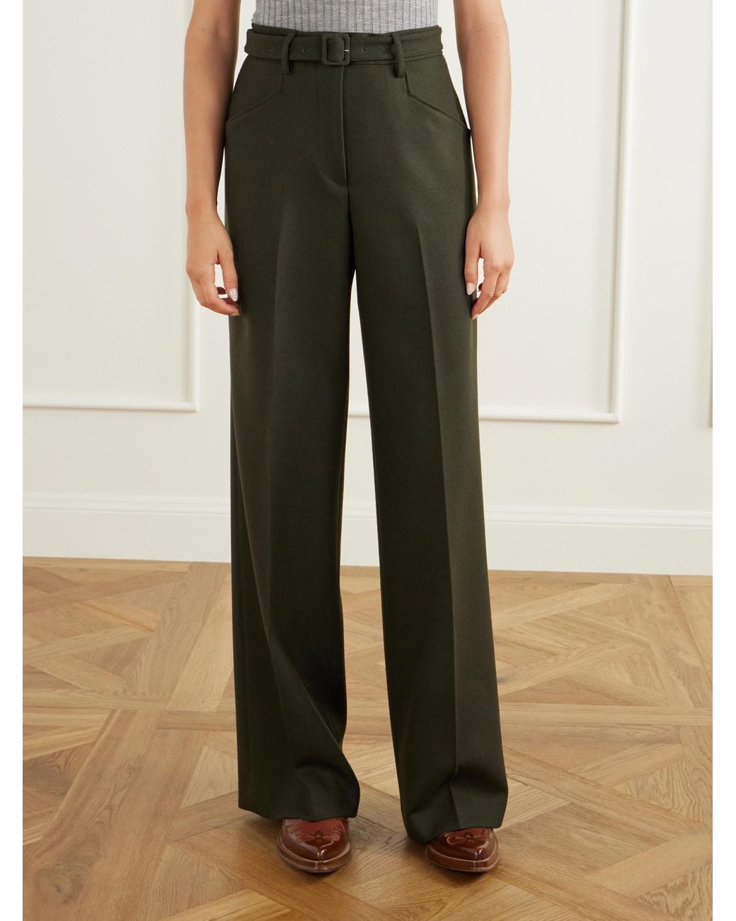 Gabriela Hearst Green Norman Belted Wool Straight-Leg Pantsst