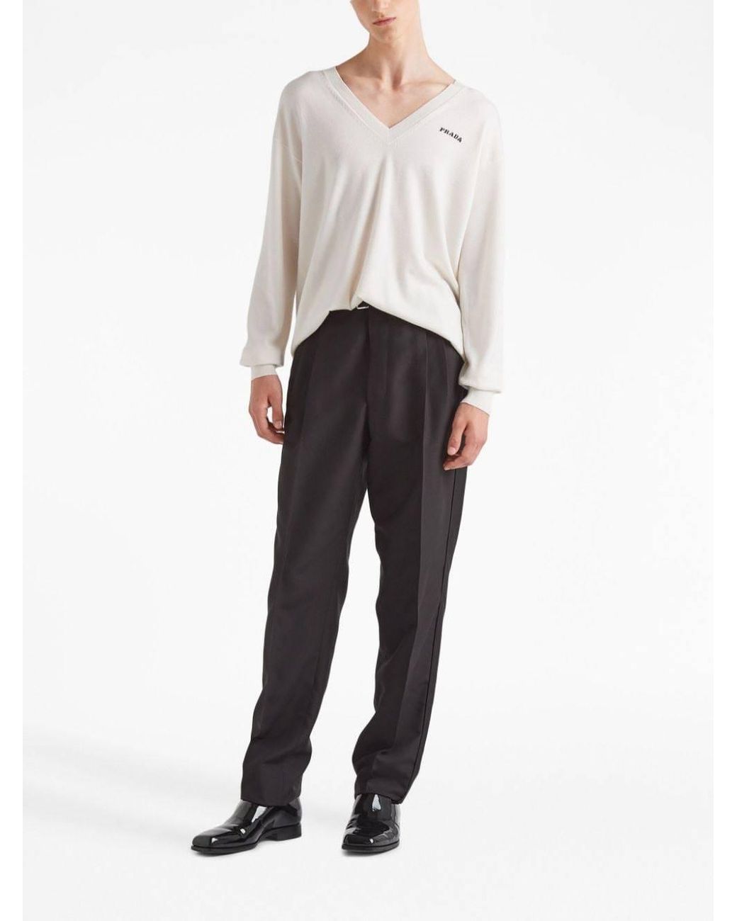 Prada White Long-Sleeved V-Neck Jumper for men