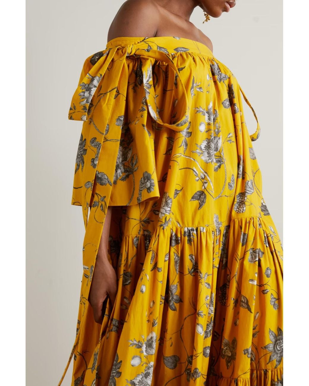 Erdem Yellow Off-The-Shoulder Bow-Detailed Floral-Print Cotton-Faille Gown
