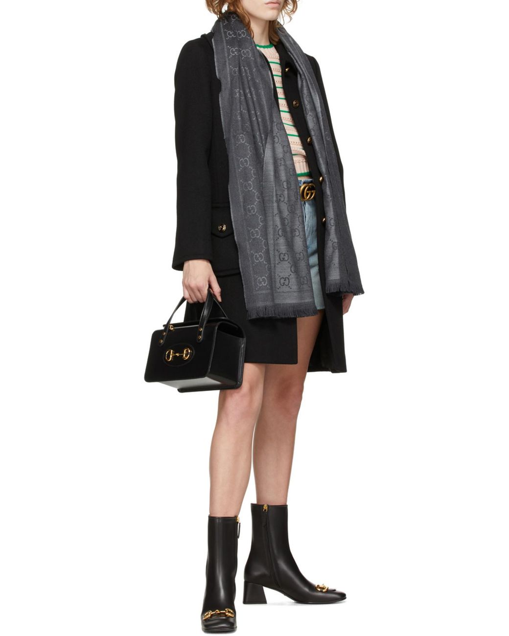 Gucci Gray Gg Jacquard Pattern Knitted Scarf