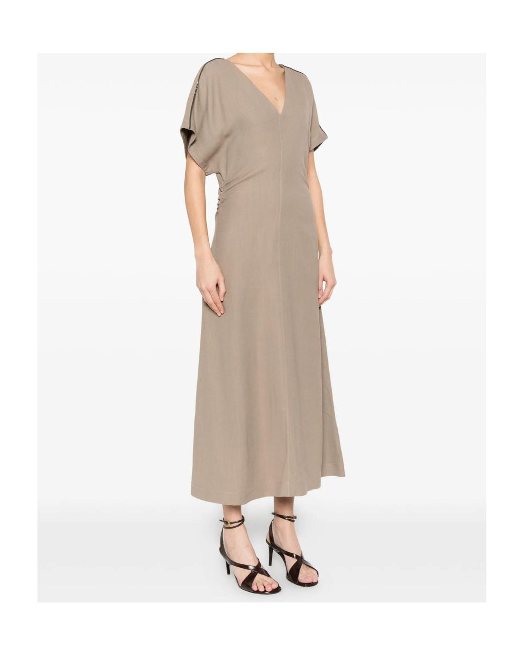 Brunello Cucinelli Natural V-Neck Short Sleeve Dress