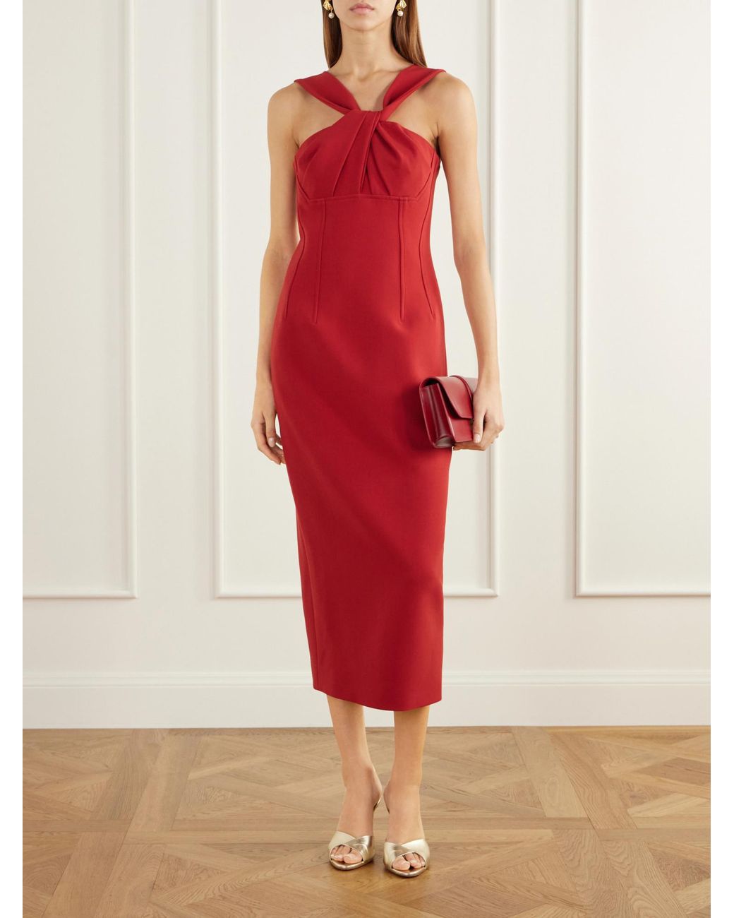 Emilia Wickstead Red Open-Back Twisted Darted Birdseye Halterneck Midi Dress