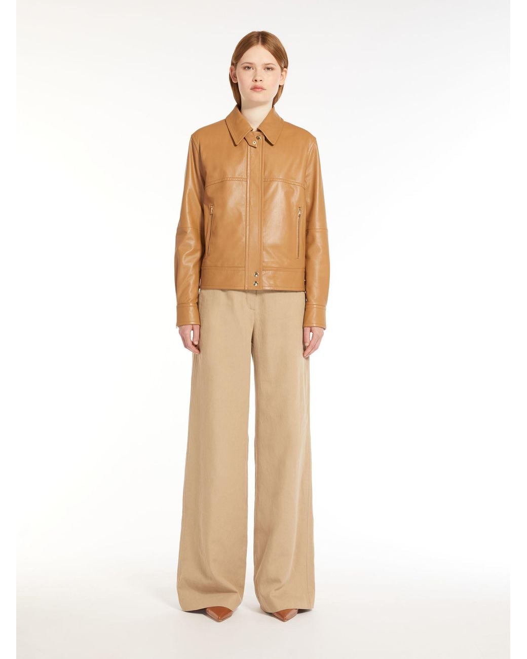 Max Mara Brown Shirt Collar Leather Jacket