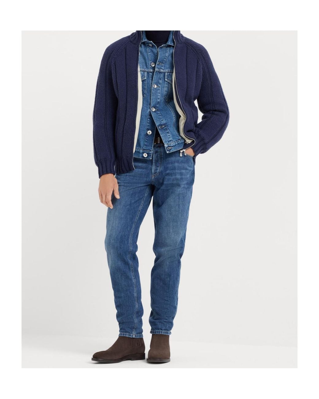 Brunello Cucinelli Blue Zip-Up Ribbed-Knit Jacket for men