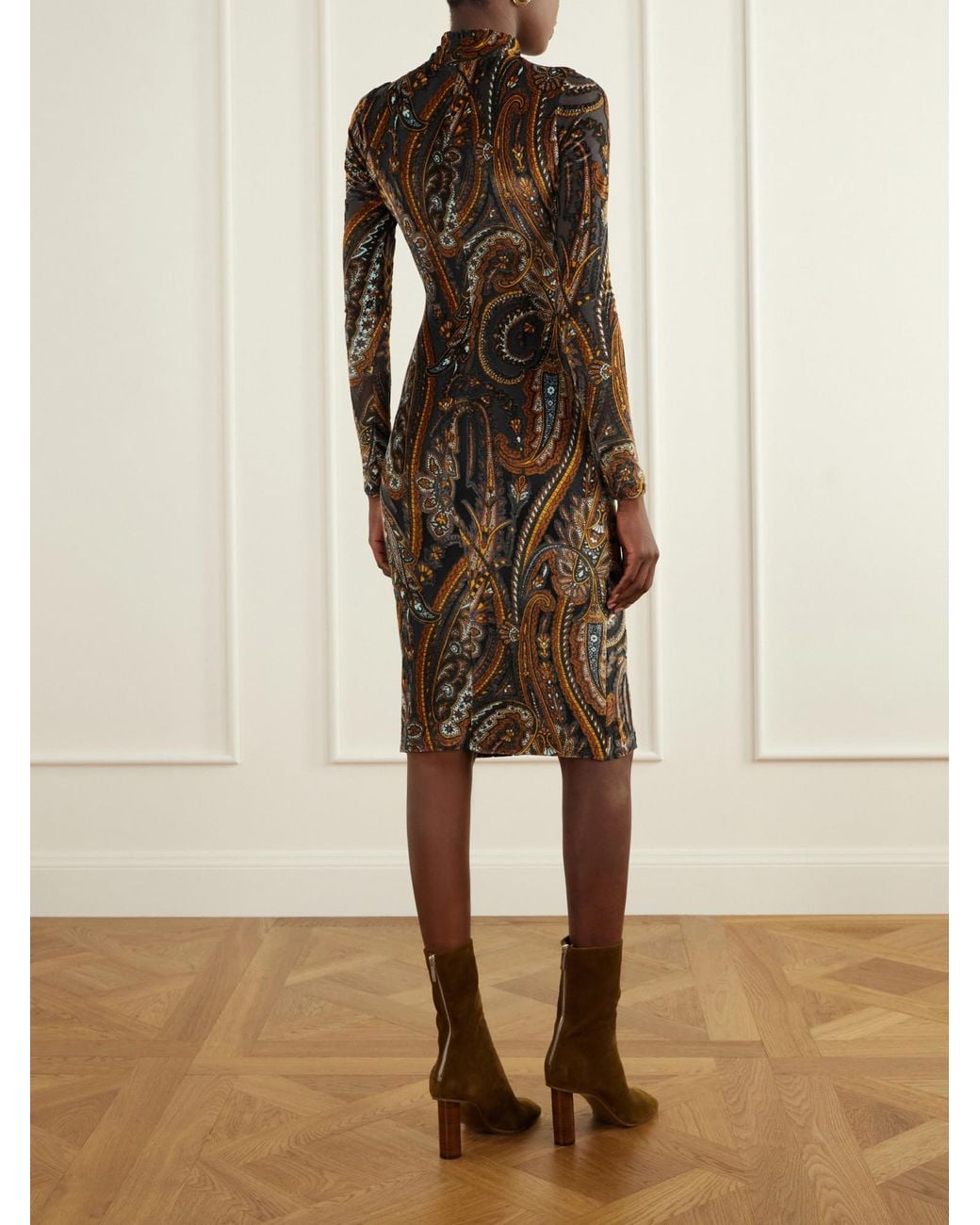 Etro Brown Printed Stretch-Velvet Knee-Length Dress
