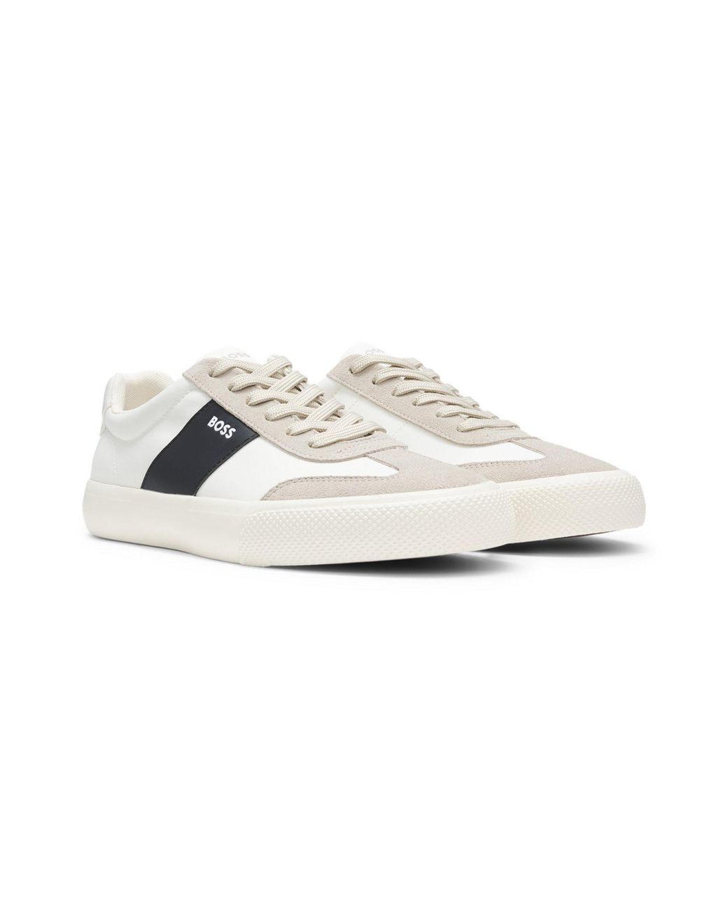 Boss White Lace-Up Panelled Sneakers for men