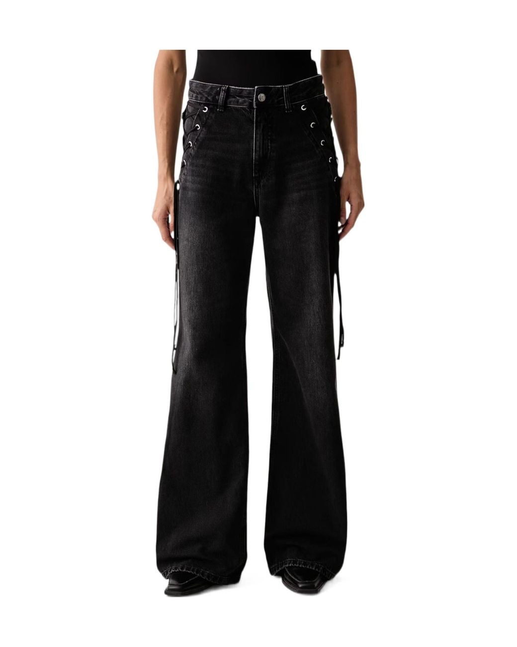 Marella Black Wide-Leg Jeans With Tie-Up Detail