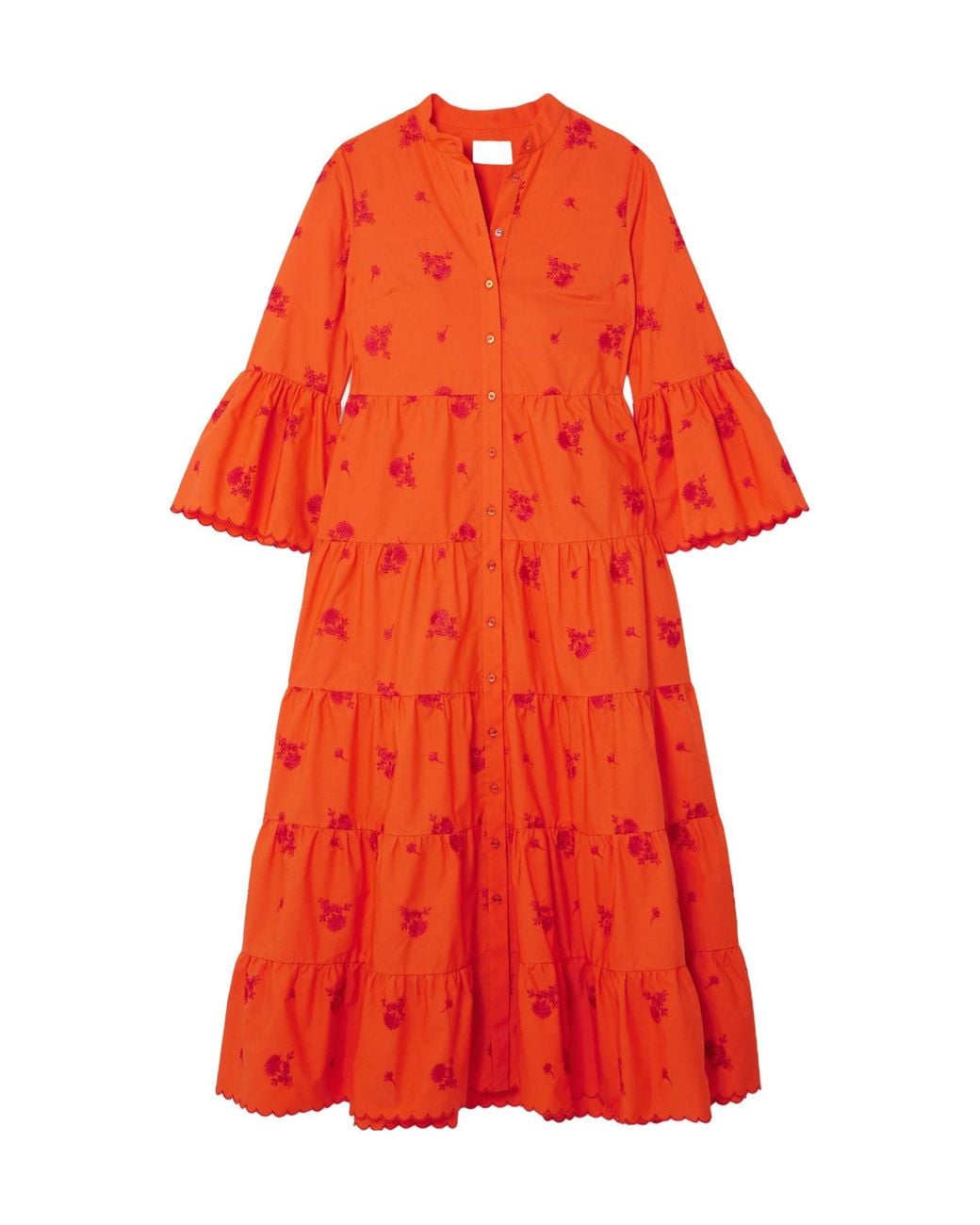 Erdem Tiered Embroidered Cotton-Poplin Midi Shirt Dress