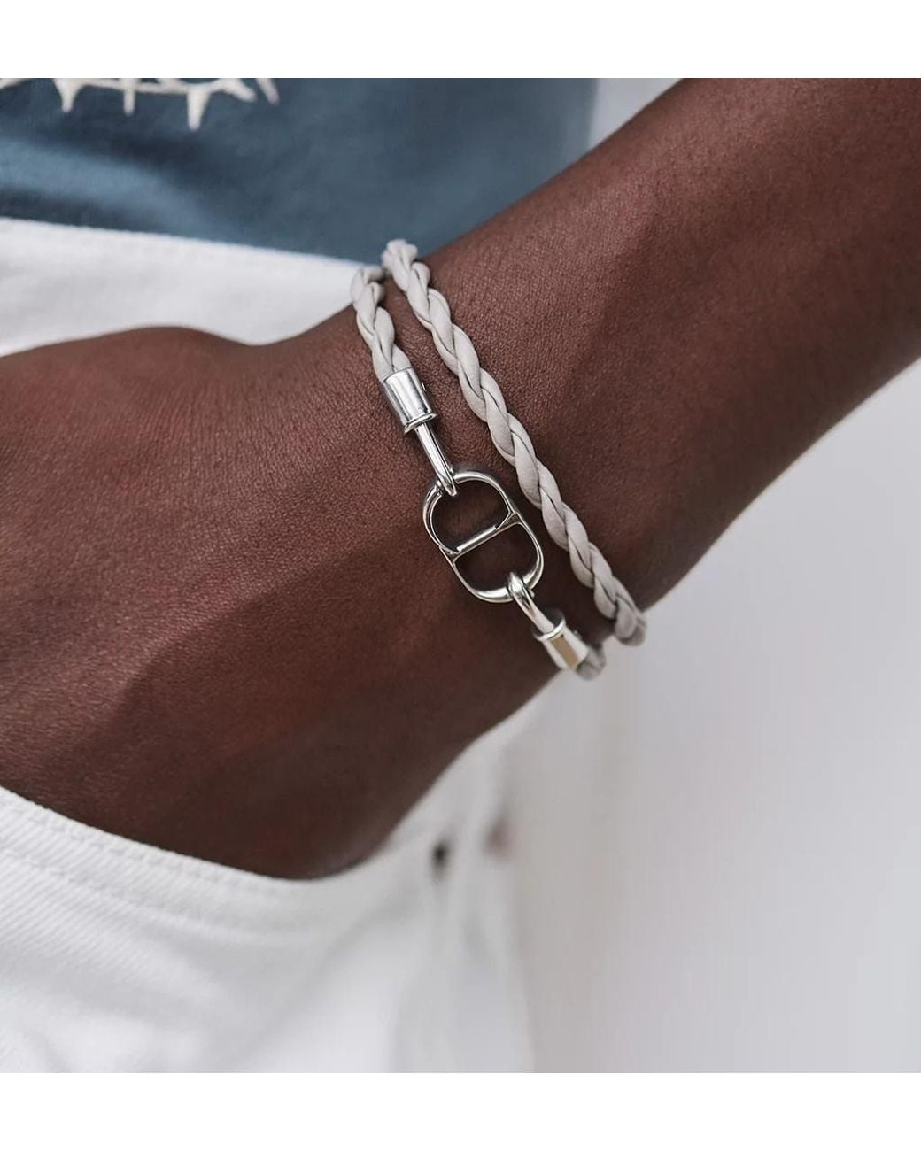 Dior White Cd Icon Woven Leather Double Bracelet for men